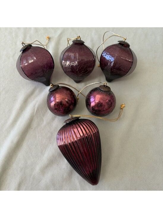 None Other - Purple Blown Glass Kugel Ball Christmas Ornament Set Of 6